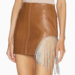 Rhinestone Fringe High Waist Mini Leather Skirt